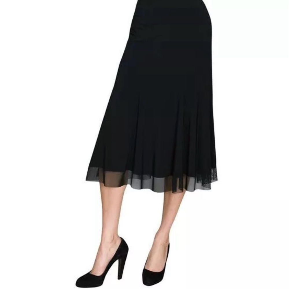 CLARA SUNWOO Black Sheer Mesh Trim Pull-On A-Line Midi Skirt Women's Size XL/16